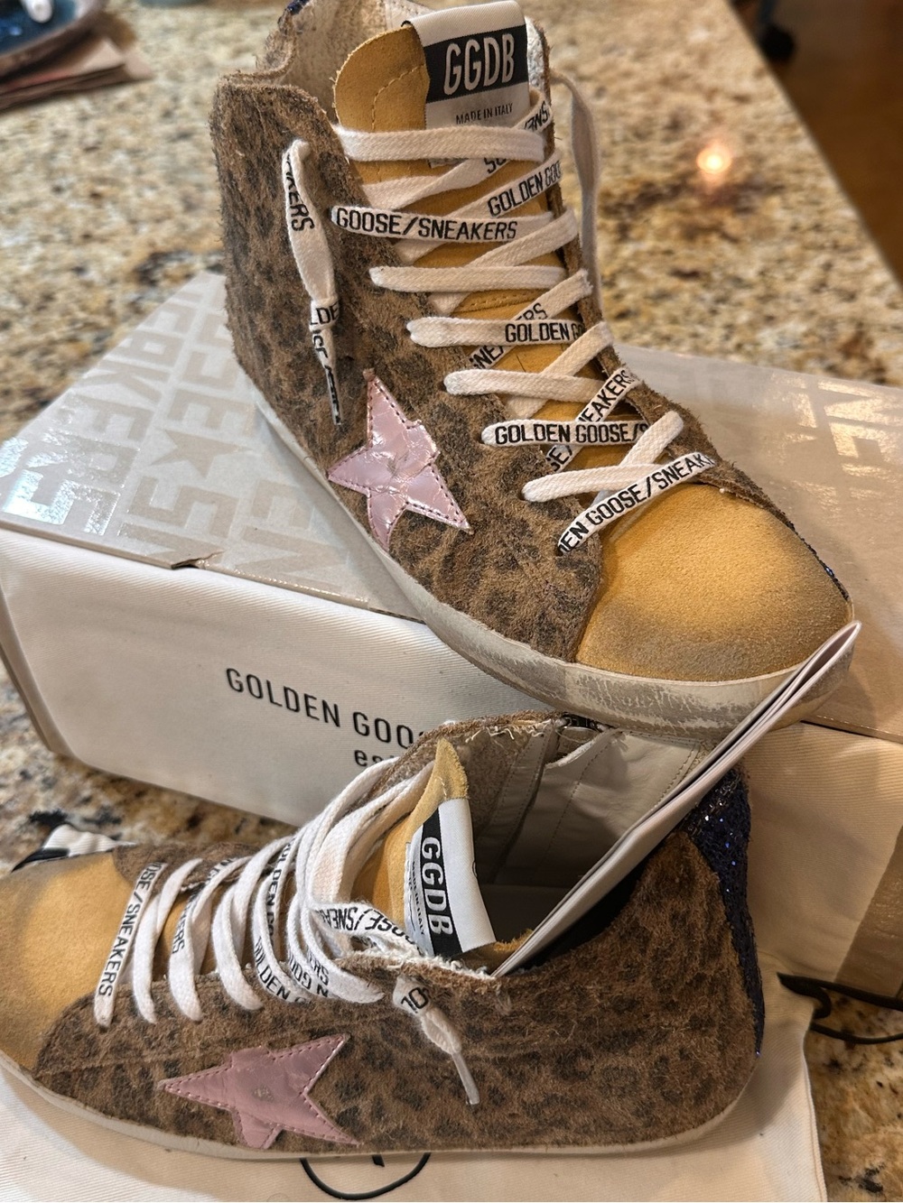 Golden Goose Women’s Leopard Print High-Top Sneakers with Pink Star